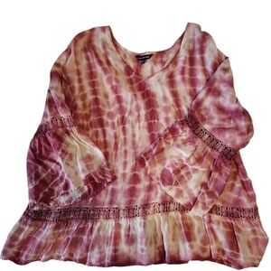 Unique Spectrum Pink White Tie-Dye Embroidered Lace Top Blouse Size 2X..........